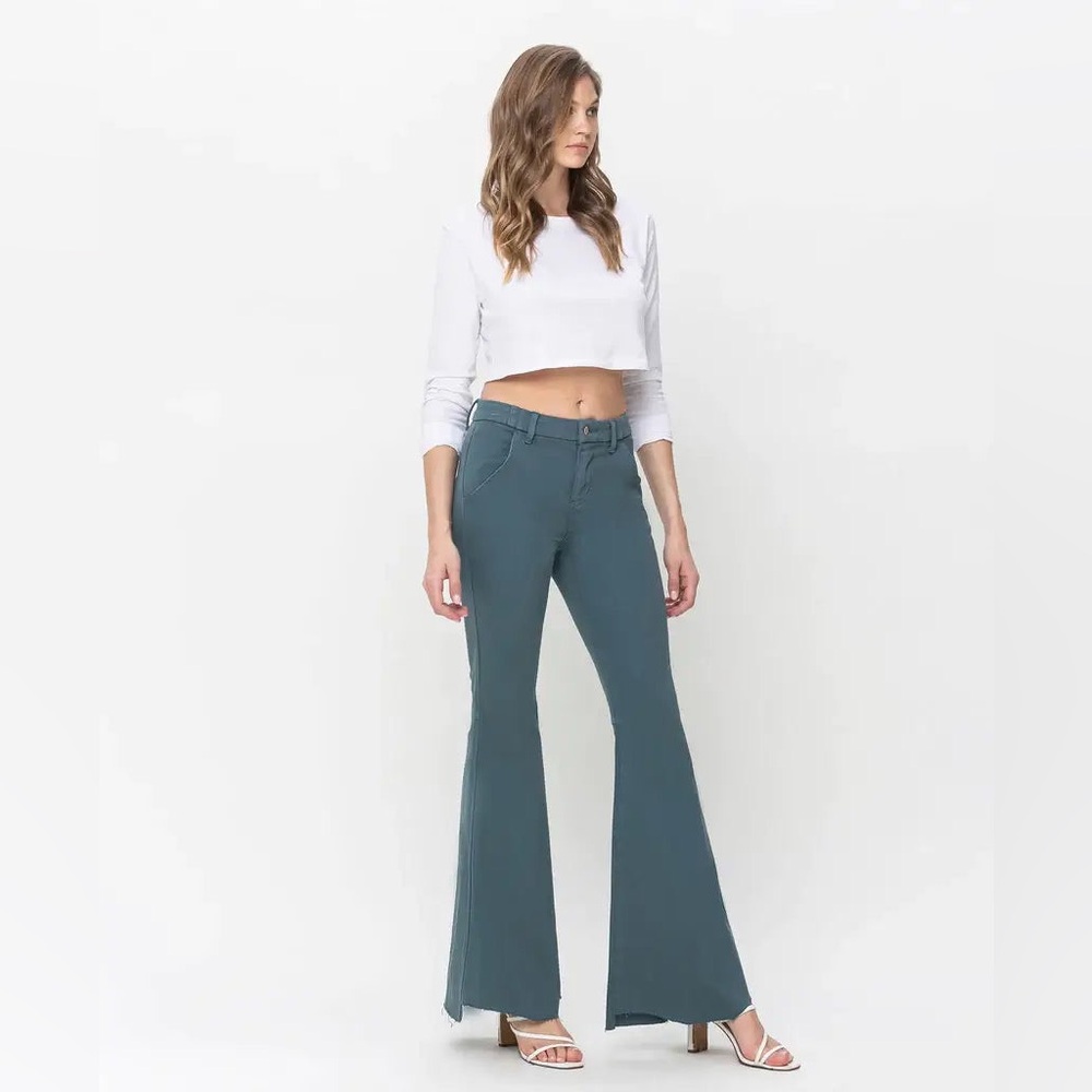 Vervet Green High Rise Raw Hem Super Flare Jeans